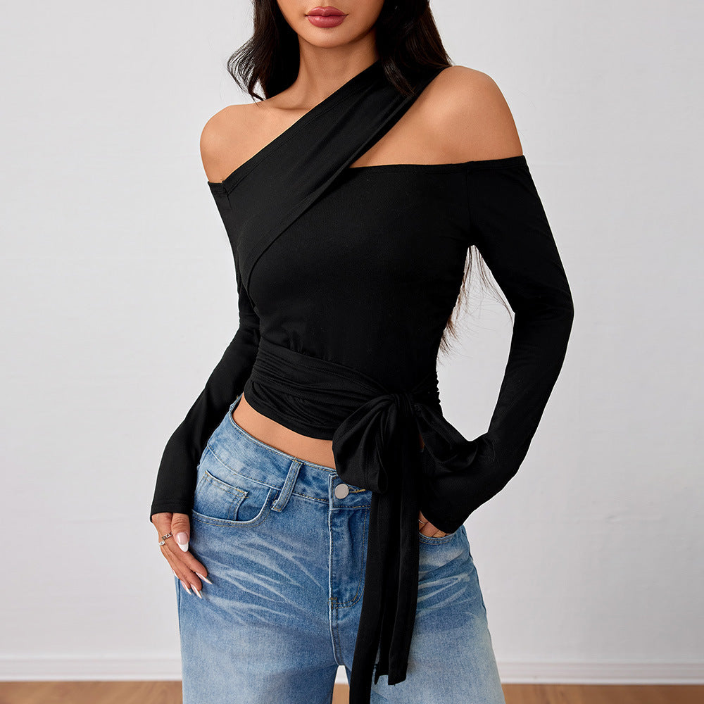Asymmetrical wrap top for women with an elegant halter design and stylish gathering Chic & Stil