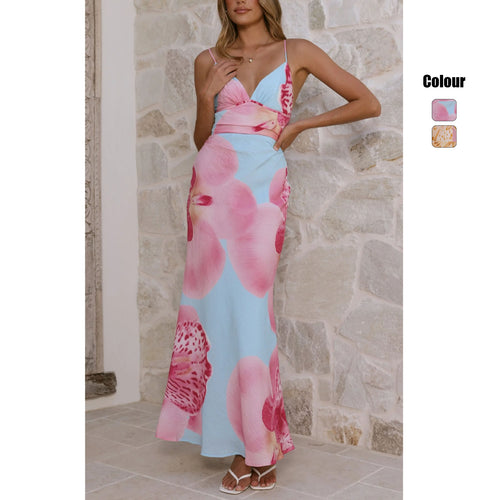 Women's maxi dress with floral design and refined ruffle details