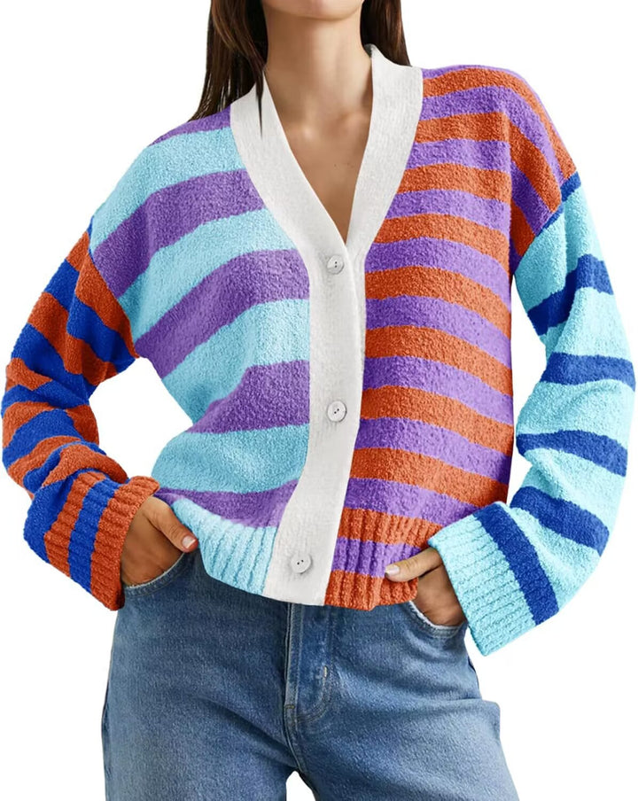 Women Striped Patterned Vest with Colorful Stripe Pattern and Chic Button Details