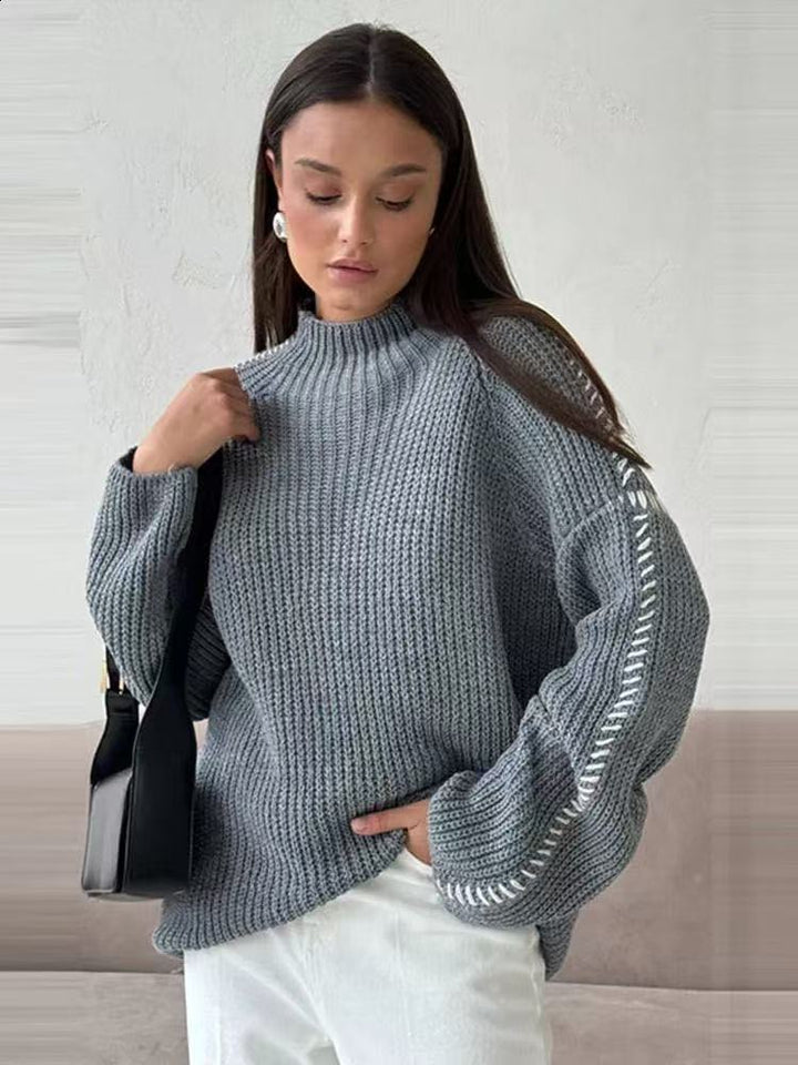 Pull en tricot épais pour femme avec col montant et accents de manches élégants Chic & Stil