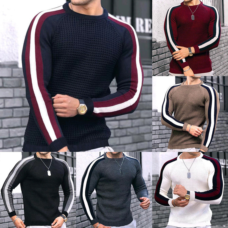 Men's trendy crew neck sweater with textured surface and contrasting stripes Lune London