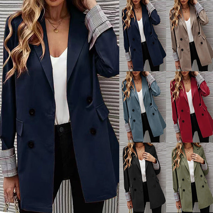 Women Elegant Double-Breasted Blazer with Chic Checkered Detail and Style
