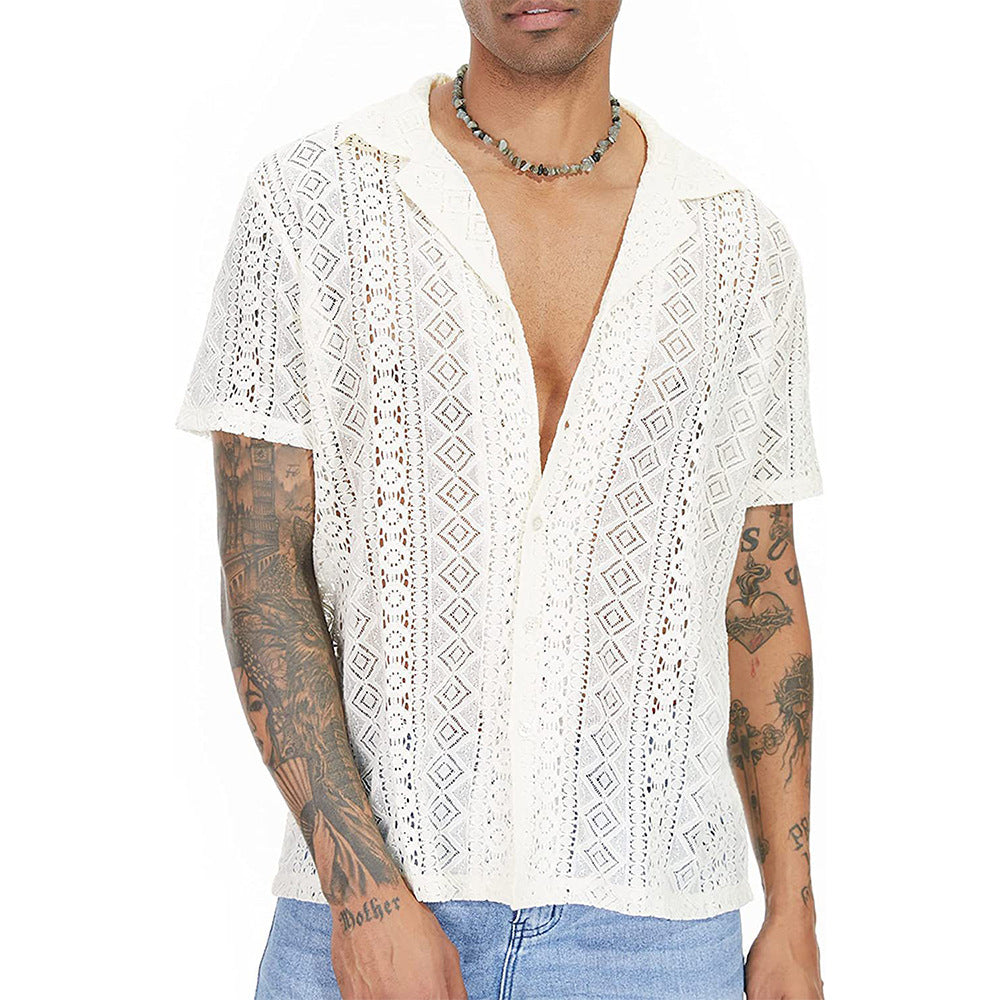 Short short-sleeve shirt for men with structured crochet pattern Lune London