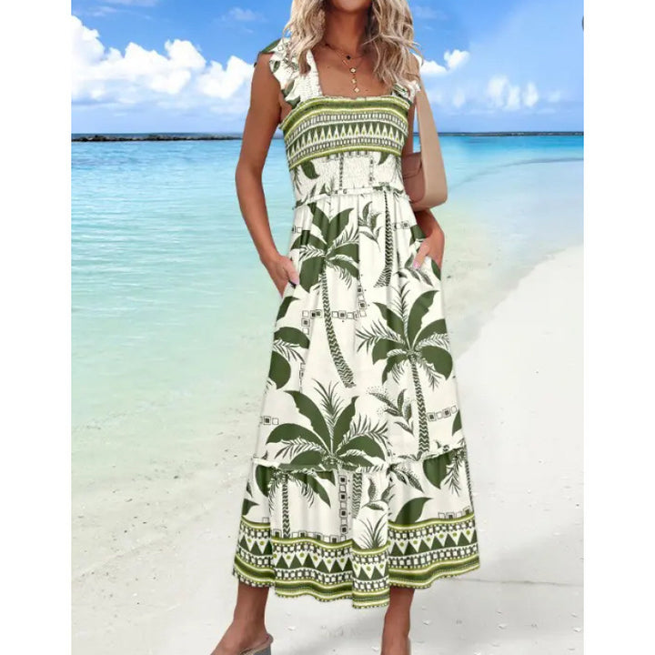 Maxi tiered dress for women with adjustable straps and pockets Lune London