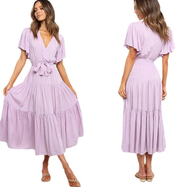 Lune London Fluid maxi dress for women with tie-up belt and butterfly sleeves