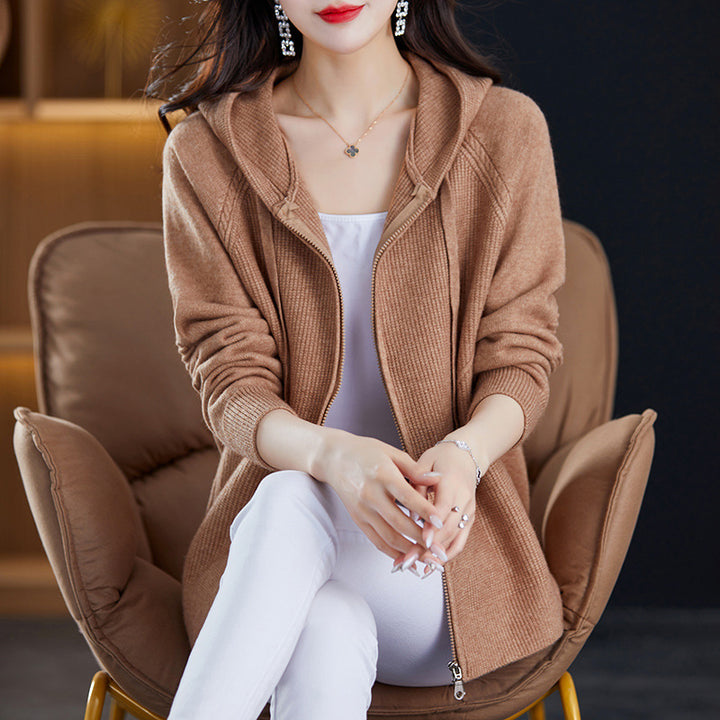 Knitted jacket for ladies with hood and practical pockets Lune London