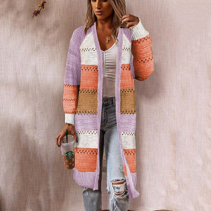 Retro patchwork style women's knitted jacket with long sleeves and a front opening Lune London