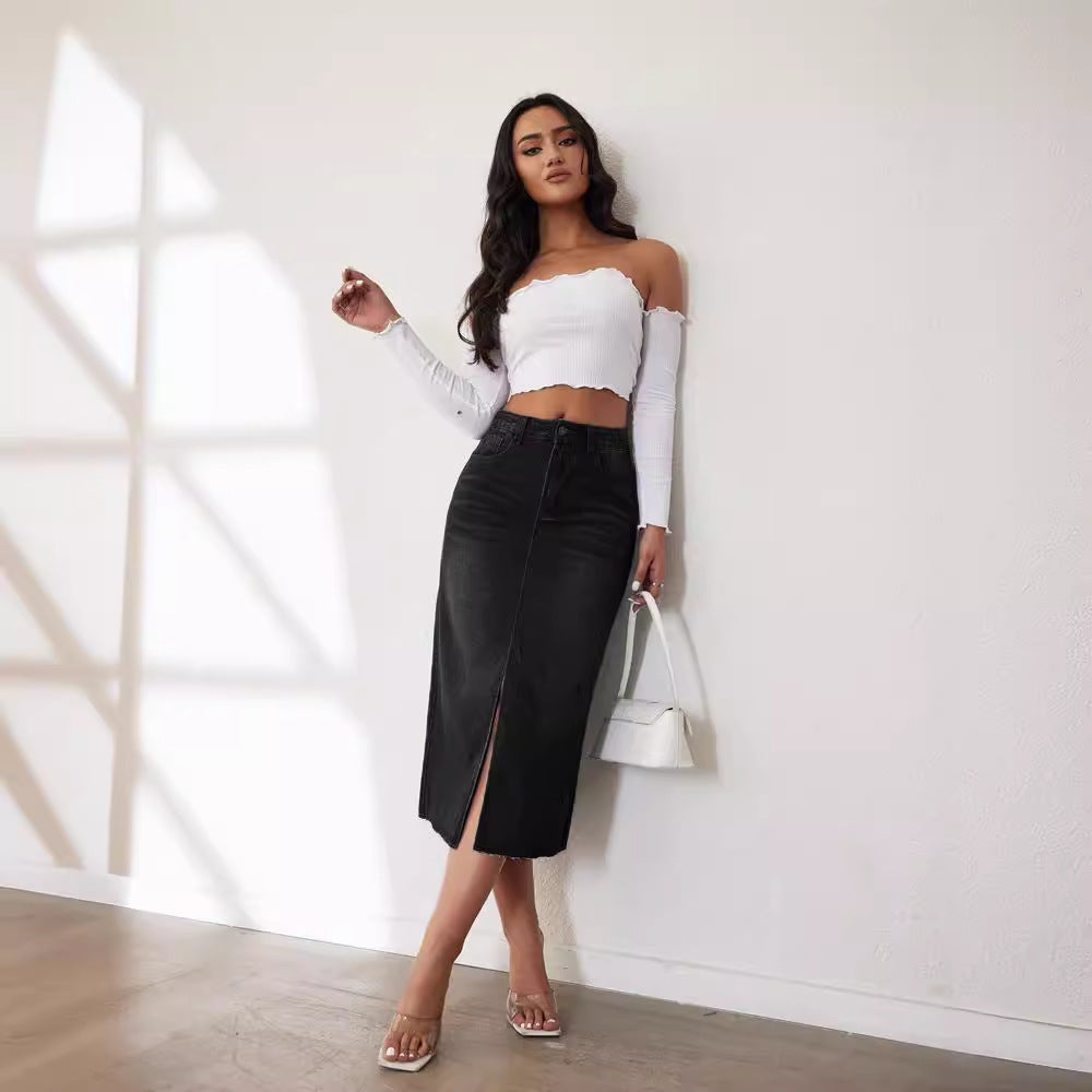 Women's Midi Denim Skirt with Side Slit Lune London