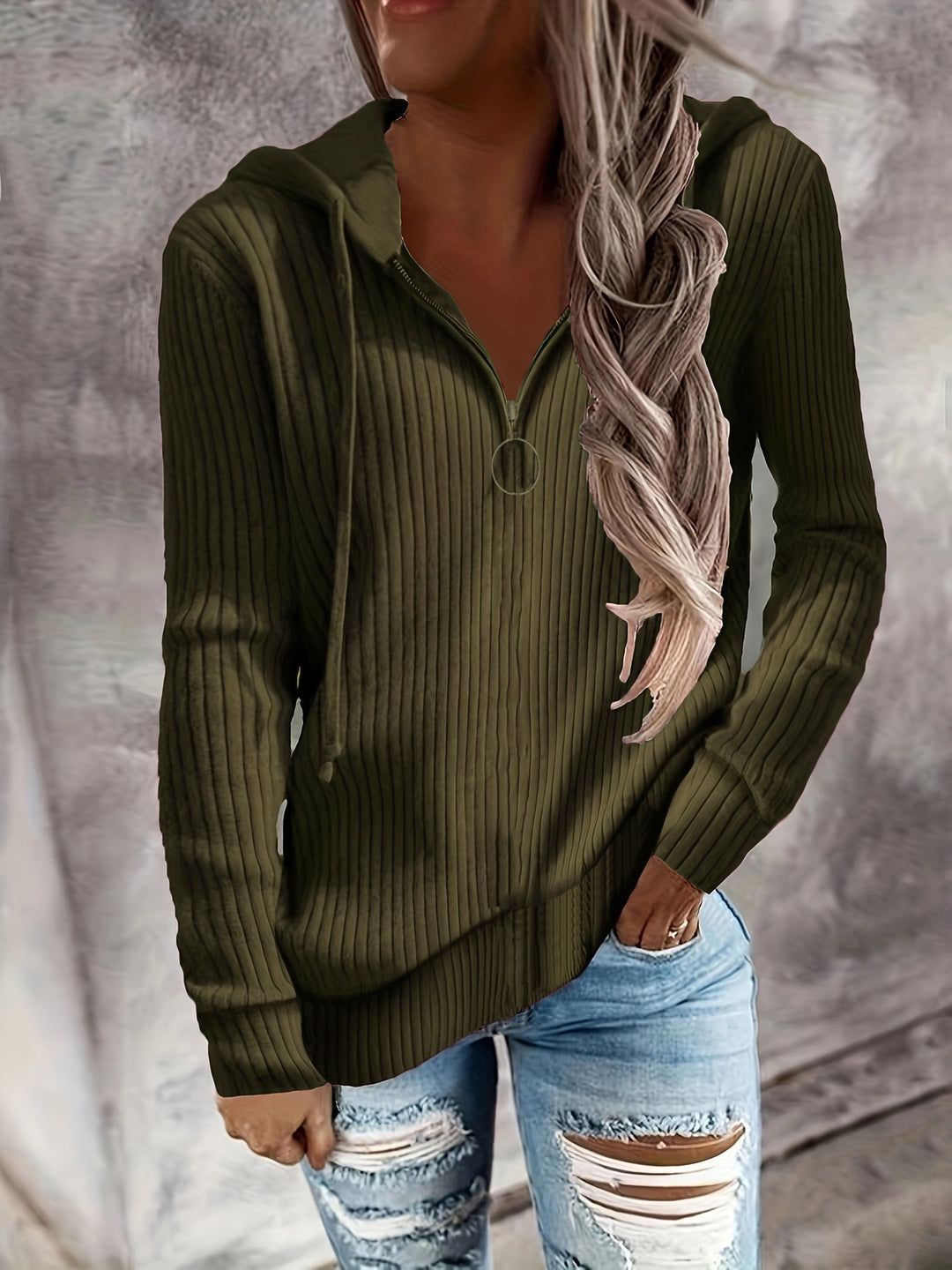 Casual zip-up hooded sweatshirt for women with textured ribbed pattern Lune London
