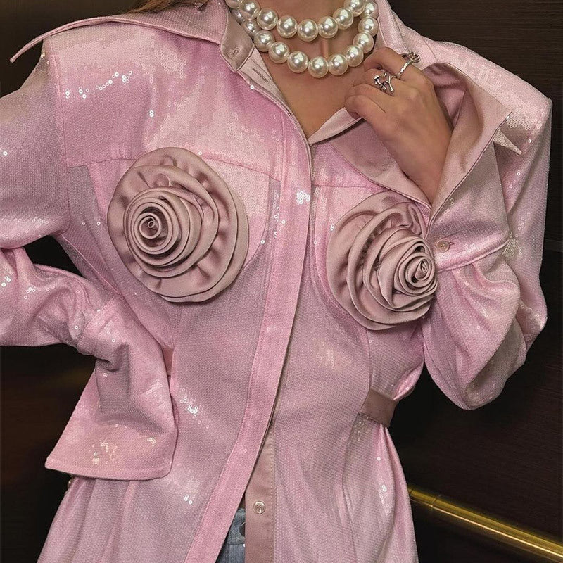 Women's glamour blouse with 3D rose appliqués and sequins Lune London