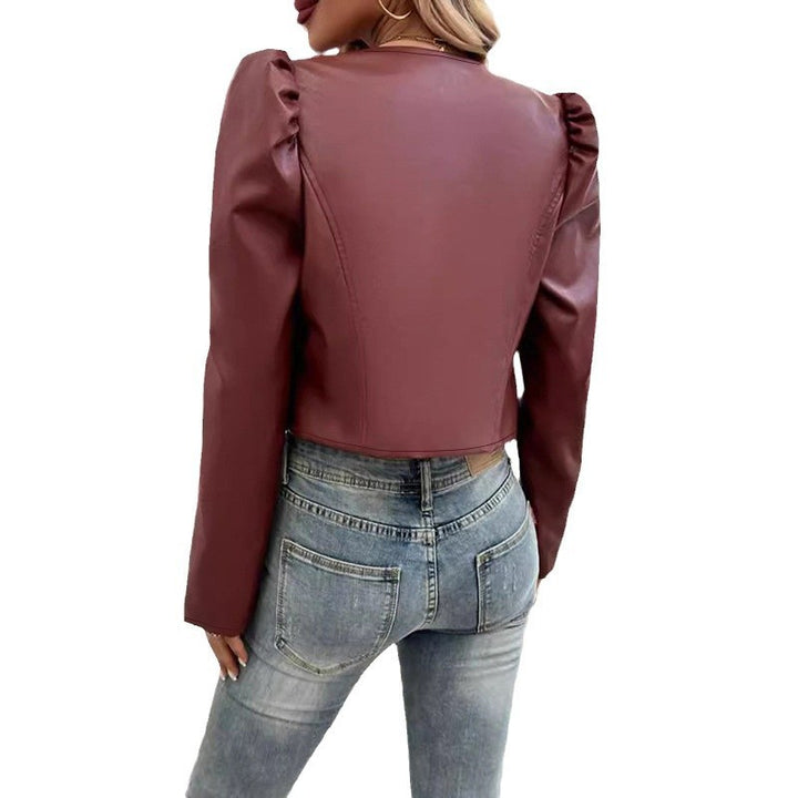 Chic and Style short puff sleeve faux leather jacket for women