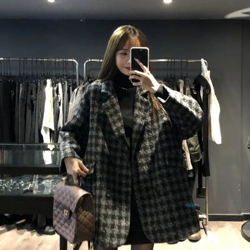 Women Oversized Check Coat with Double Button Placket Chic & Stil
