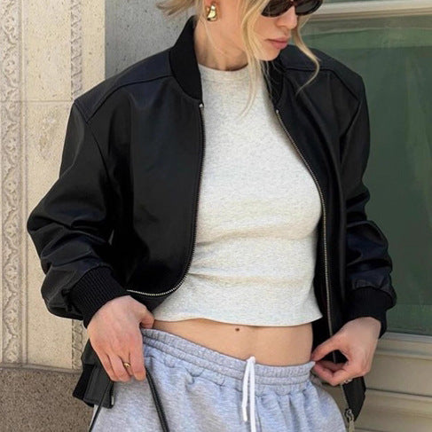 Chic Urban Style Synthetic Leather Bomber Jacket for Women