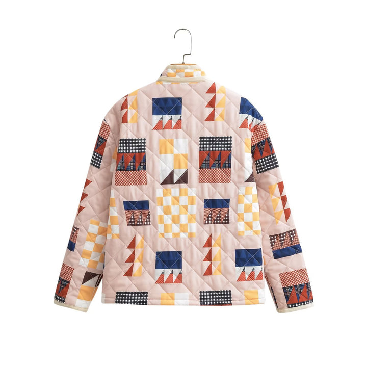 Quilted transitional jacket for women with a colorful patchwork pattern and large pockets Lune London
