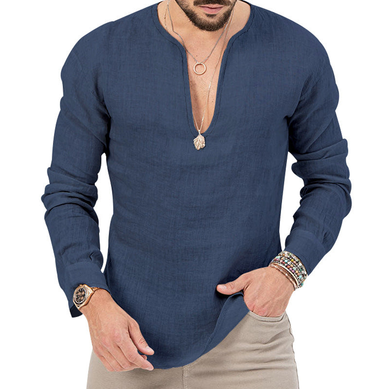 Lightweight long-sleeve shirt for men with deep round neckline and playful cut Lune London