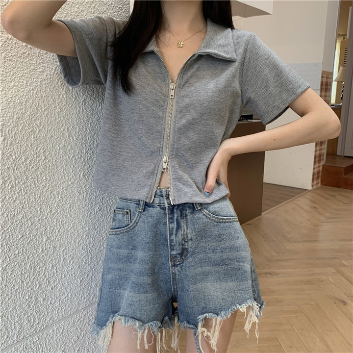 Women Cropped Polo Shirt with Zipper and Textured Finish Lune London