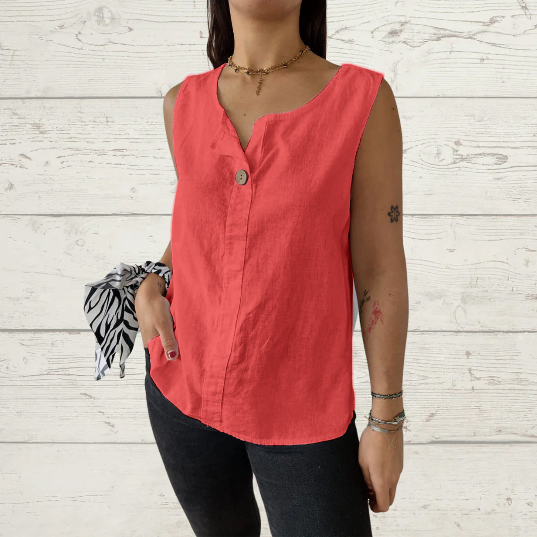 Ladies lightweight linen sleeveless blouse with button details Lune London
