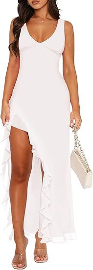 Women's maxi dress with asymmetric hem and ruffle details Lune London