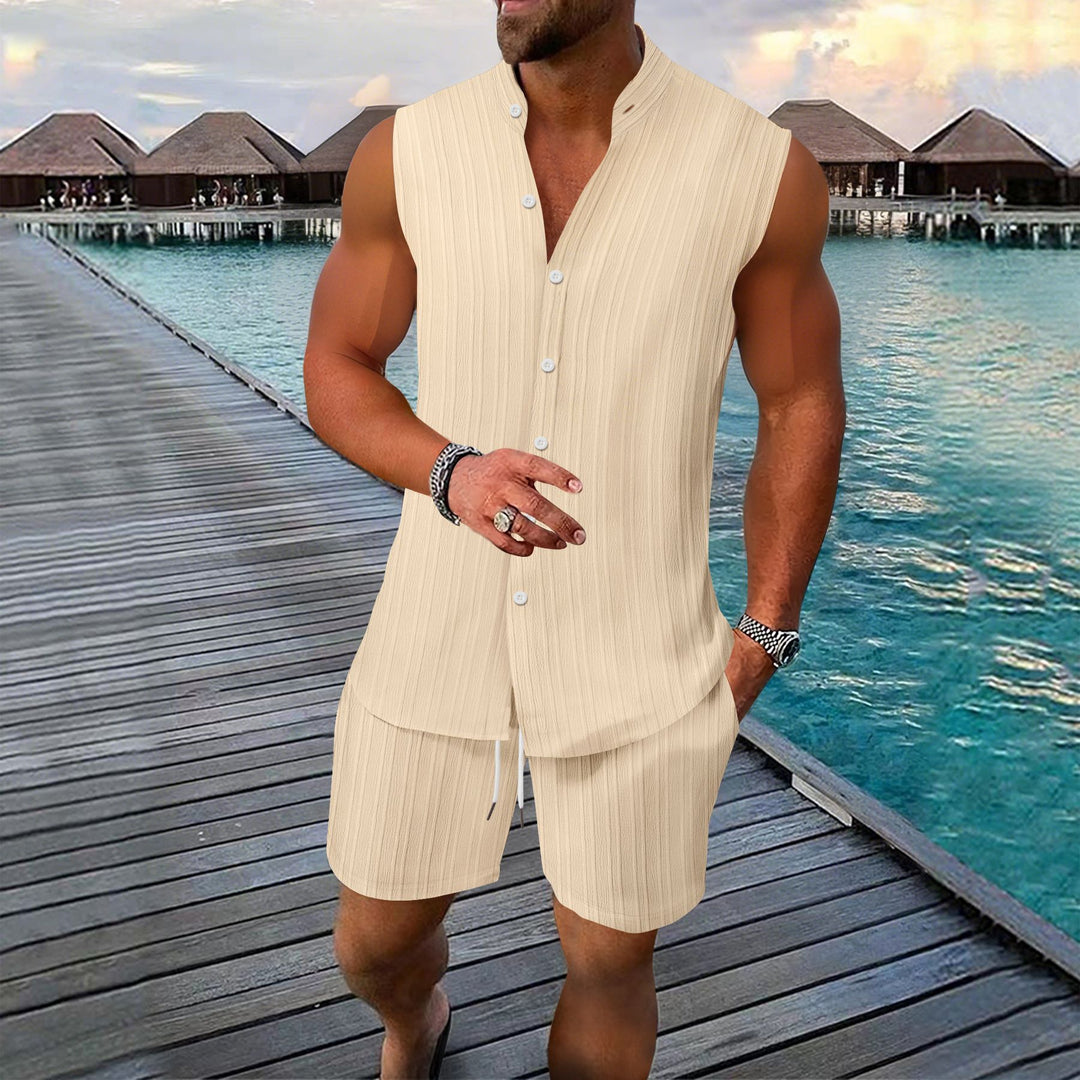 Men's casual sleeveless summer outfit living room Lune London