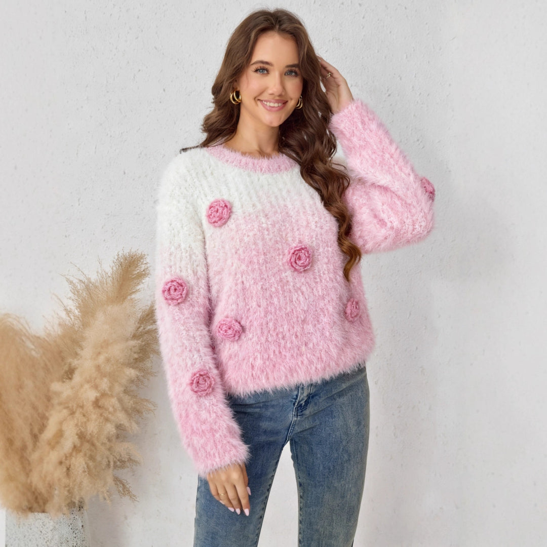 Women's Fluffy Knit Sweater with Floral Design Lune London