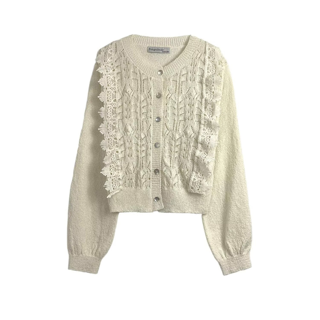 Knitted jacket for women with delicate crochet accents and a chic button placket