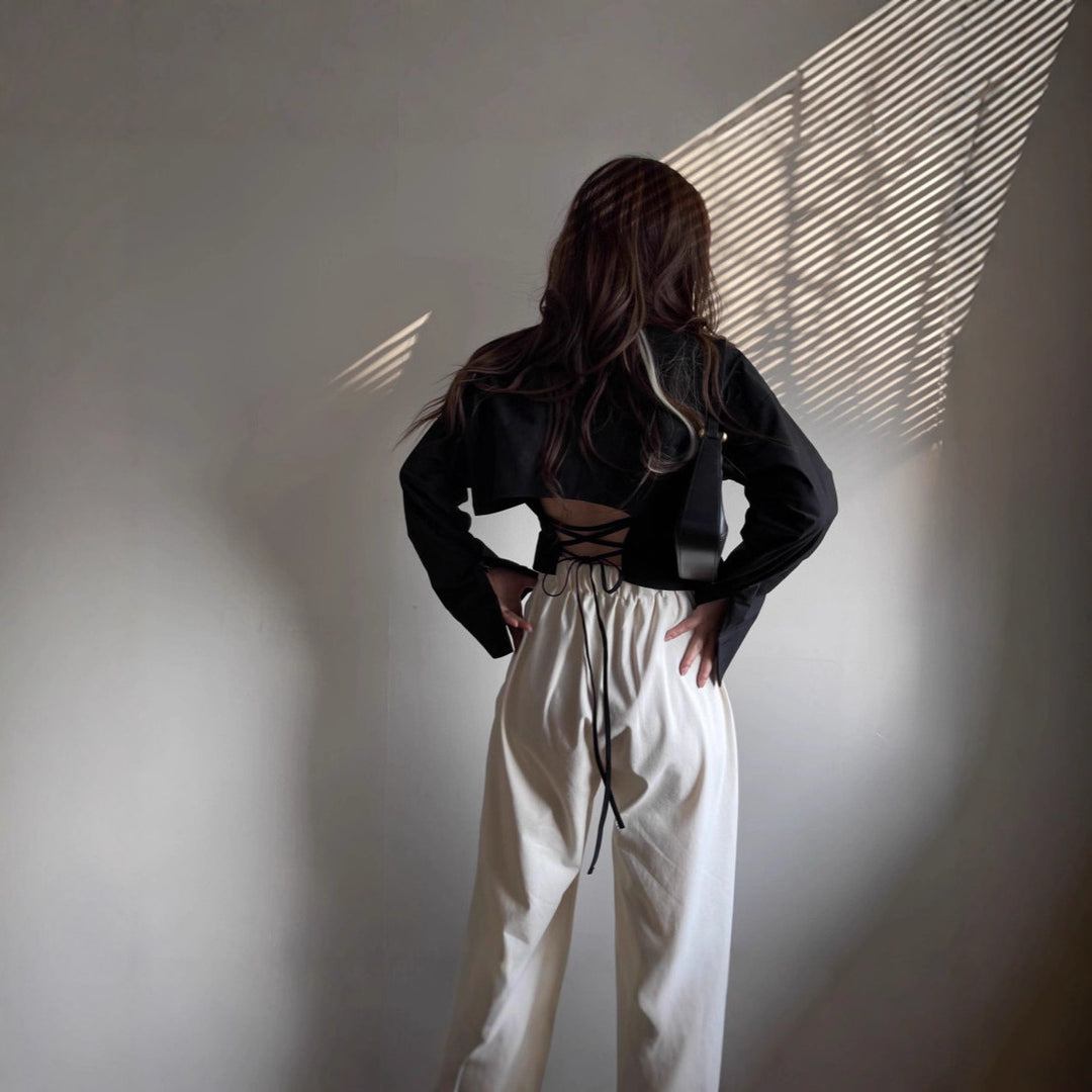 Ladies Elegant cotton blouse with asymmetrical cut and long sleeves Lune London