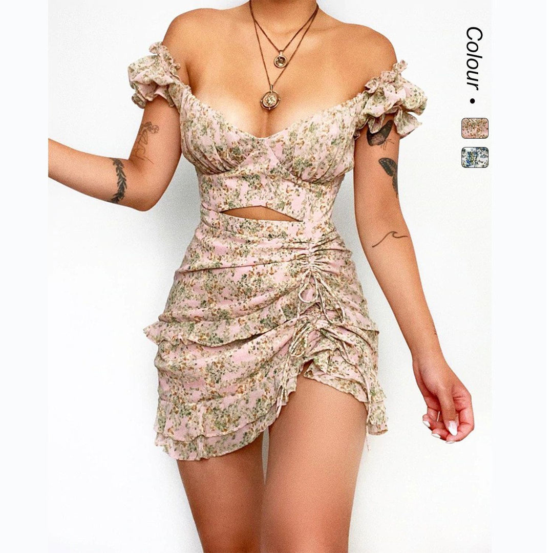 Ladies mini dress with off-the-shoulder design and floral ruffled hem Lune London