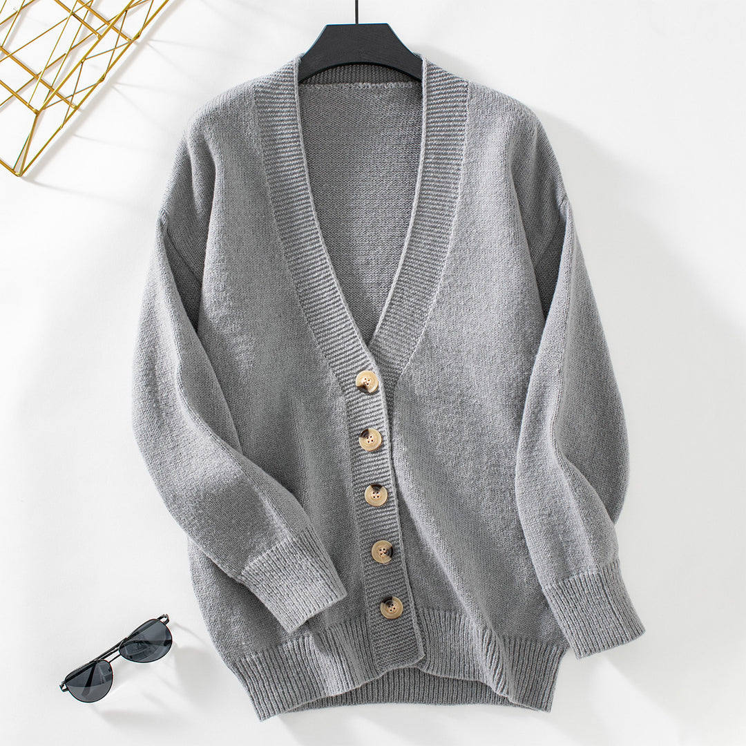 Ladies comfortable cardigan with button details and deep V-neck Lune London