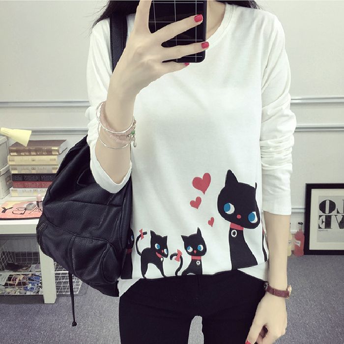 Women's Long Sleeve T-Shirt with Creative Cat Design Lune London