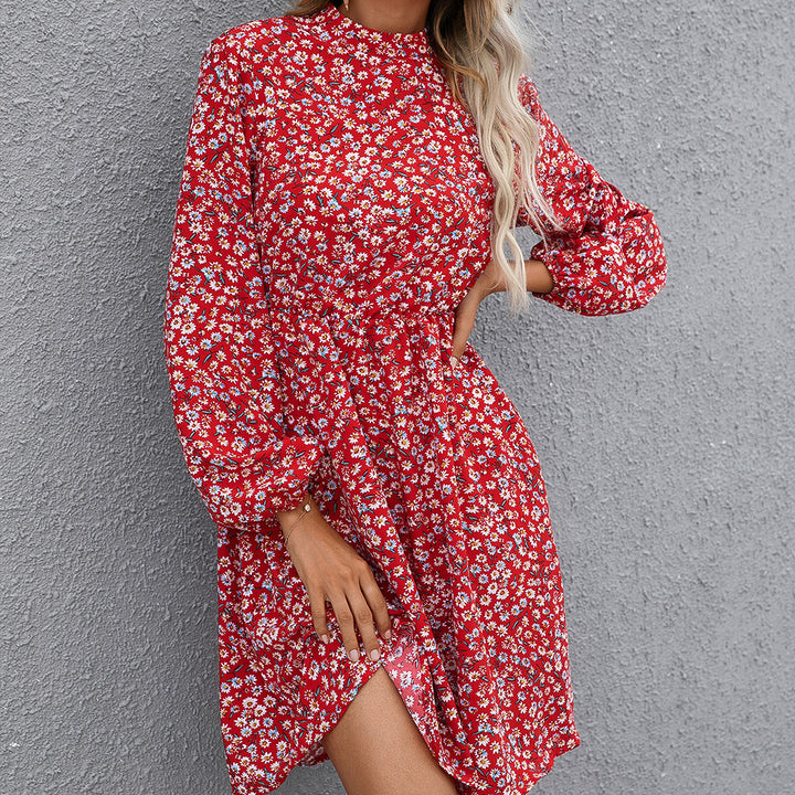 Mid-length floral dress for women with high collar and belt at the waist Lune London