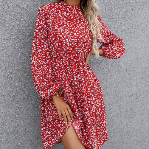 Mid-length floral dress for women with high collar and belt at the waist Lune London