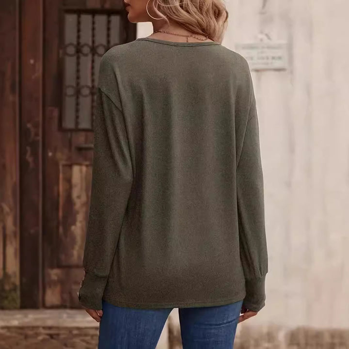 Women Casual V-neck Top with Long Sleeves and Button Details Lune London
