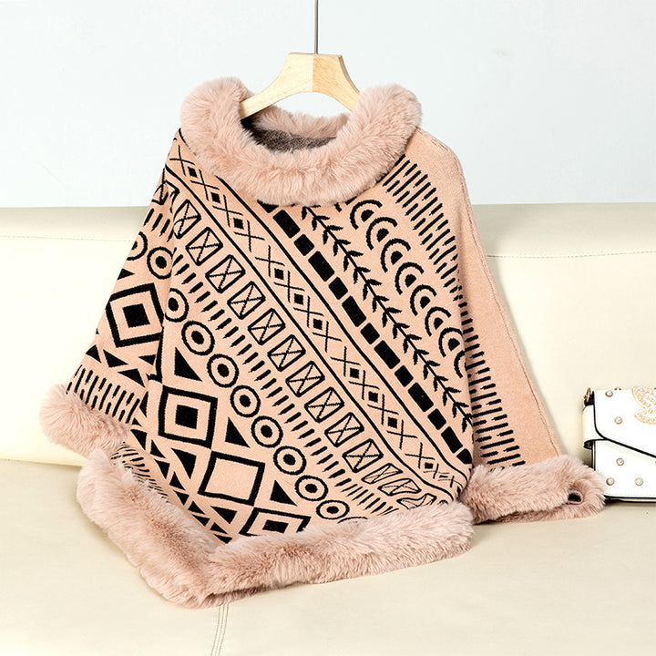 Ladies fashionable poncho with decorative faux fur collar Lune London