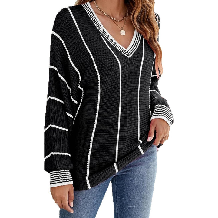Casual knitted sweater for women with V-neck and wide stripes Lune London