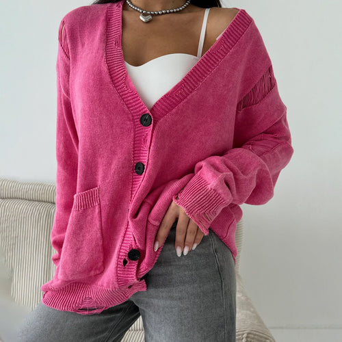 Casual knit jacket for women with a trendy V-neck and creative cutout details Lune London
