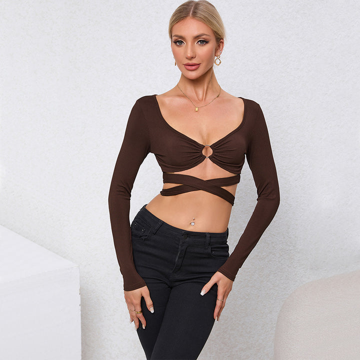 Women's cropped long sleeve shirt with decorative ring and wrap design Chic & Stil