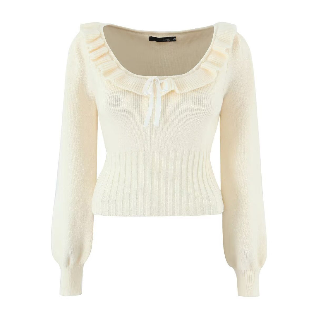 Elegant knit sweater for ladies with ruffle details and drawstring Lune London