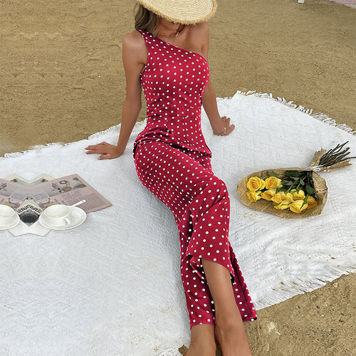 Asymmetrical polka dot maxi dress for women Lune London