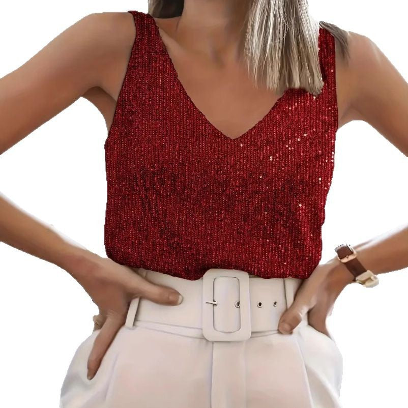 Ladies Sequin V Tank Top Lune London