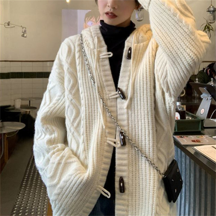 Ladies comfortable wool cardigan with hood and cable knit pattern Lune London