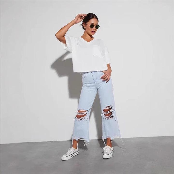 Ladies casual boyfriend jeans with eye-catching destroyed details and wide leg Lune London