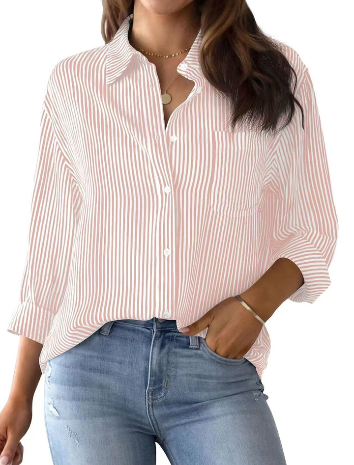 Ladies Loose Striped Shirt with Chest Pocket and Roll-up Sleeves Lune London