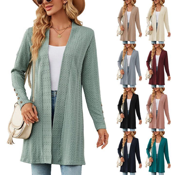 Ladies' knitted coat with trendy braid pattern and elegant button details Lune London