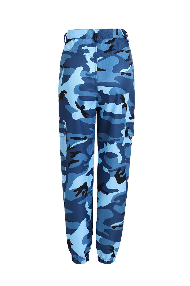 Cargo pants for women with a modern camouflage design featuring practical pockets and elastic waist Lune London