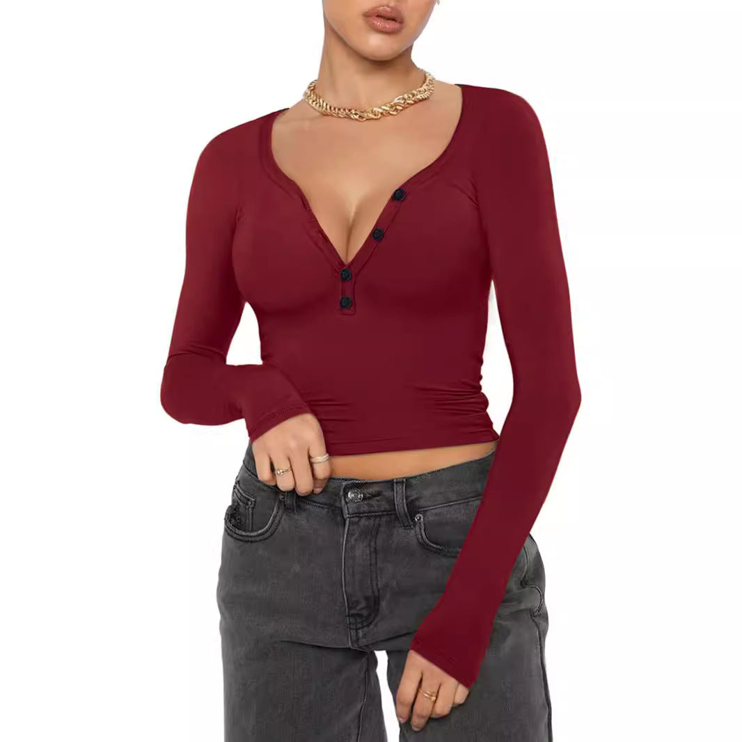Long sleeve women's t-shirt with V-neckline and button details Lune London