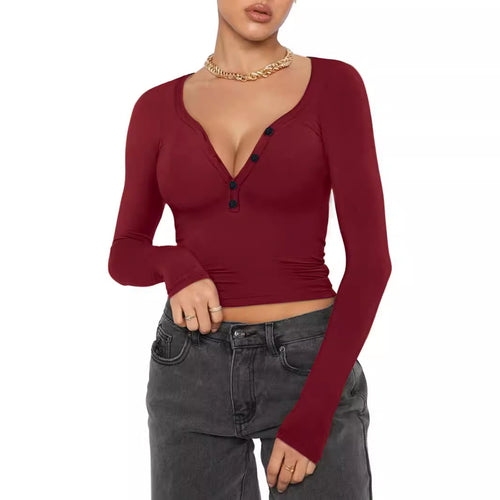 Long sleeve women's t-shirt with V-neckline and button details Lune London