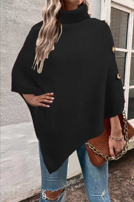 Ladies knitted poncho with high collar and button details Lune London