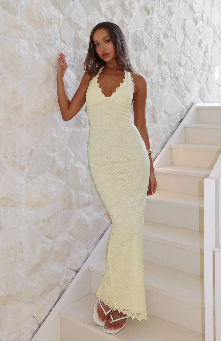 Women Elegant Lace Dress with Halterneck Design and Figure-Flattering Fit Lune London