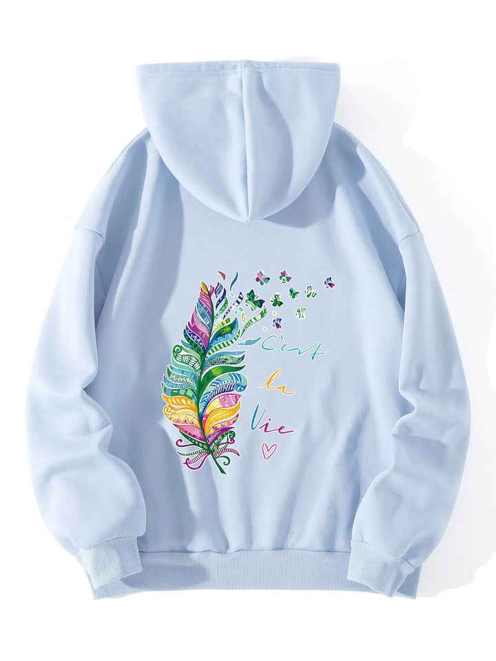 Sweat à capuche décontracté pour femmes avec un design de plumes colorées et une écriture inspirante Chic & Stil