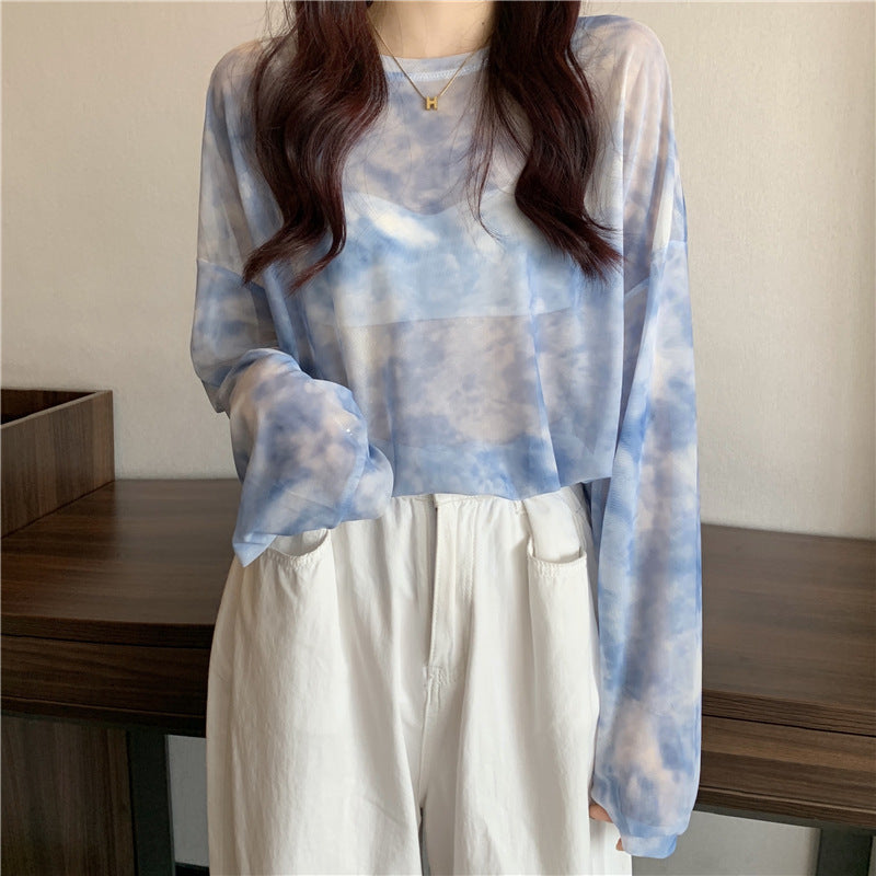 Women's transparent long sleeve top with modern tie-dye pattern Chic & Stil